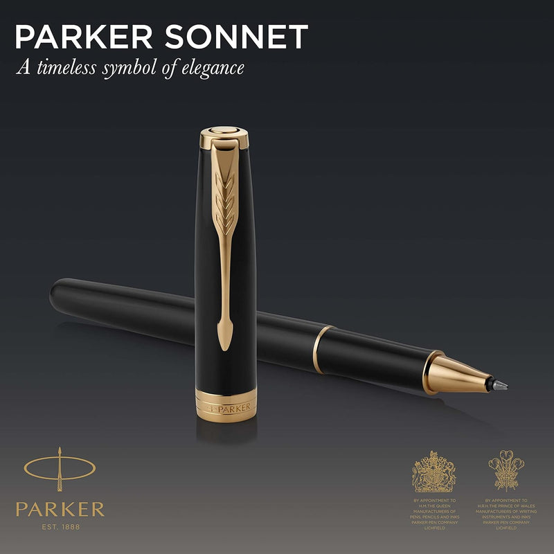 Parker Sonnet Tintenroller | Schwarze Lackierung mit Goldzierteilen | feine Spitze | Schwarze Tinte