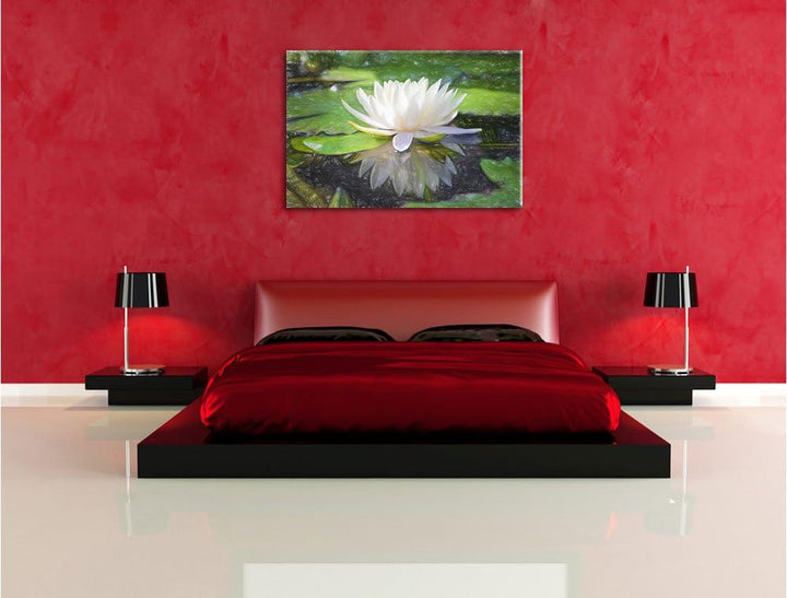 Pixxprint Weisse Lotusblume im Wasser / 100x70cm Leinwandbild bespannt auf Holzrahmen/Wandbild Kunst