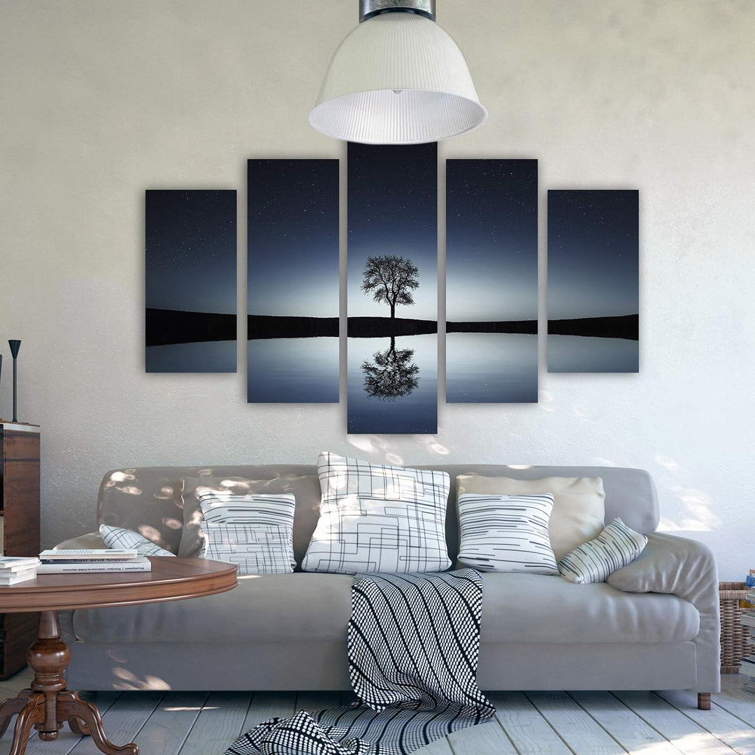 Feeby Bilder Abstrakt 200x100 cm - Leinwandbild 5 Teilig XXL Kunstdruck Baum Wasser blau Leinwandbil