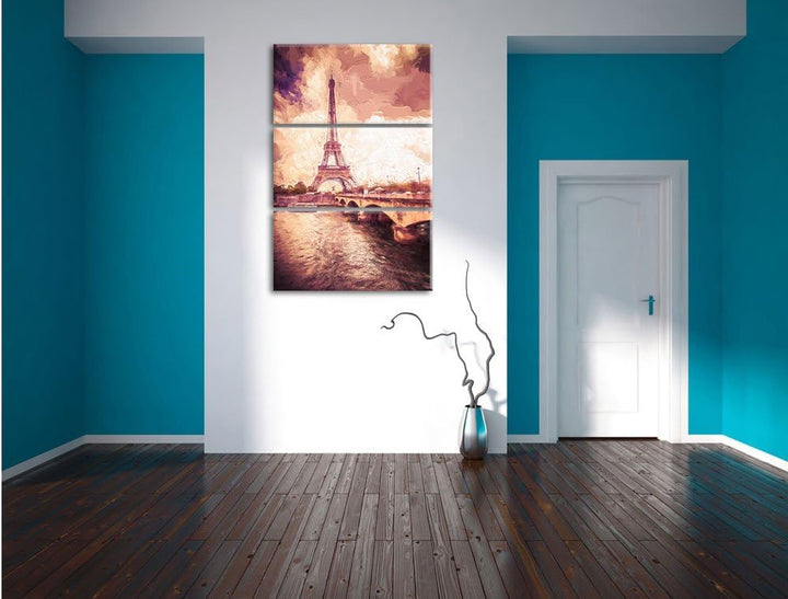 Pixxprint Eiffelturm in Paris Kunst / 3-Teilig/Gesamtmass 120cm Leinwandbild bespannt auf Holzrahmen