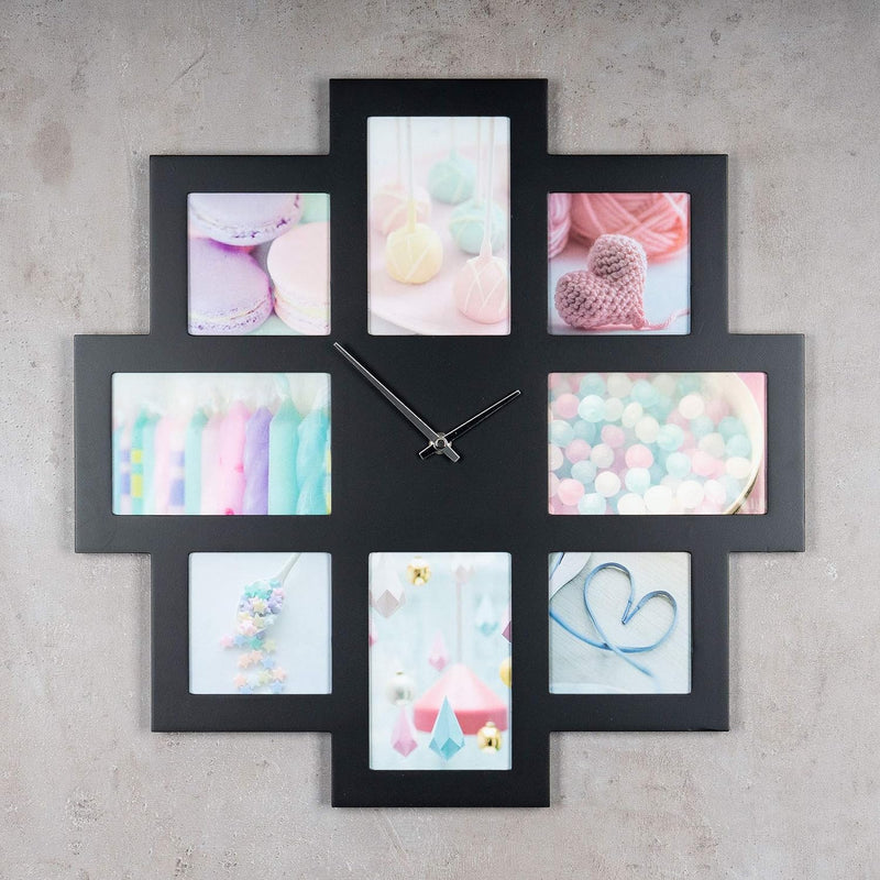levandeo Wanduhr Schwarz 48x48cm Holz Bilderrahmen 8 Fotos Fotorahmen Collage Fotouhr Uhr Küchenuhr