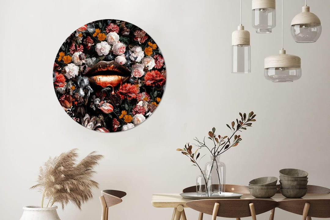 Wandbild Rund Wanddeko Deko Wohnzimmer Bilder 90x90 cm Lippen - Blumen - Farbe - Orange - Kunst - Ab