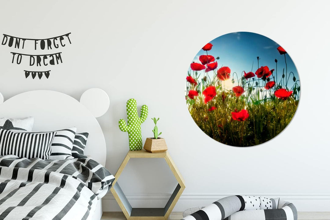 MuchoWow Wandbild Rund Wanddeko Deko Wohnzimmer Bilder 90x90 cm Mohnblumen - Toskana - Sonne - Rot -
