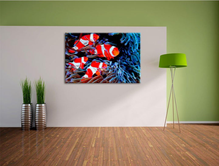 Clownfische in Anemone Deluxe Format: 100x70 cm auf Leinwand, XXL riesige Bilder fertig gerahmt mit