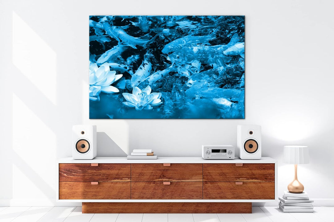 deyoli Teich voller Koi Karpfen Format 80x60 Effekt: Monocrome Blau als Leinwandbild, Motiv fertig g