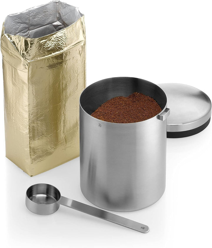 WMF Kult Tee- Kaffeedose für 500g, Edelstahldose mit Masslöffel, Cromargan Edelstahl mattiert, für K