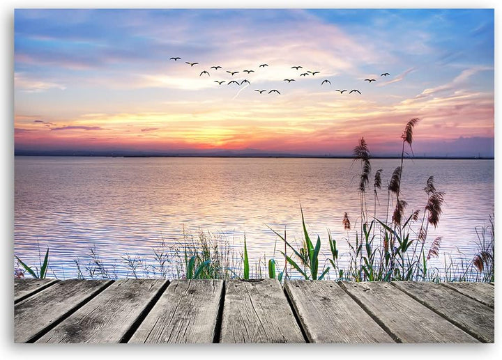 Feeby Vlies Leinwandbild See Sonnenuntergang Holzsteg Strand 90x60 cm Druckbild Wandbild Wanddekorat