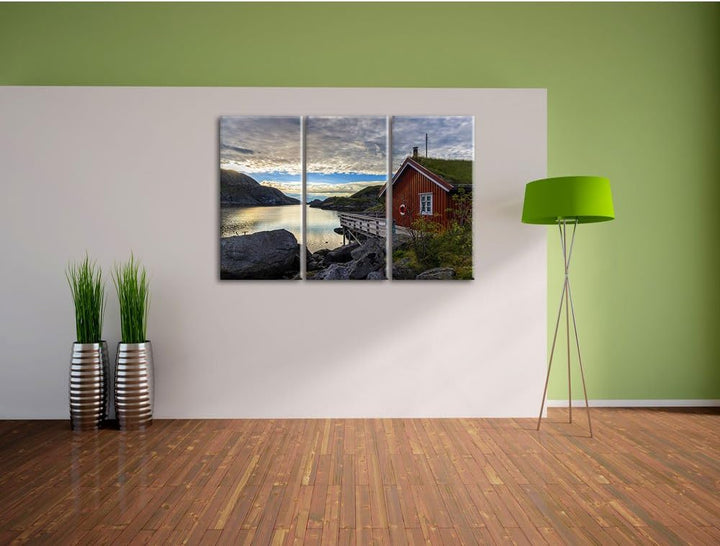 Pixxprint Sonnenaufgang am Fjord Norwegens als Leinwandbild/Grösse: 3 Teilig (120x80) / Wandbild/Kun