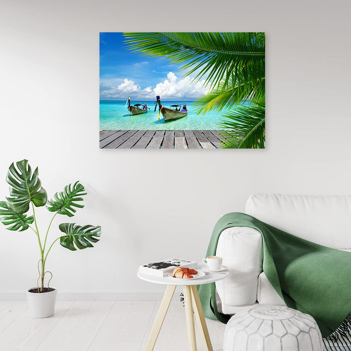 Feeby Vlies Leinwandbild Stege Meer Strand Himmel 90x60 cm Druckbild Wandbild Wanddekoration Deko Wa