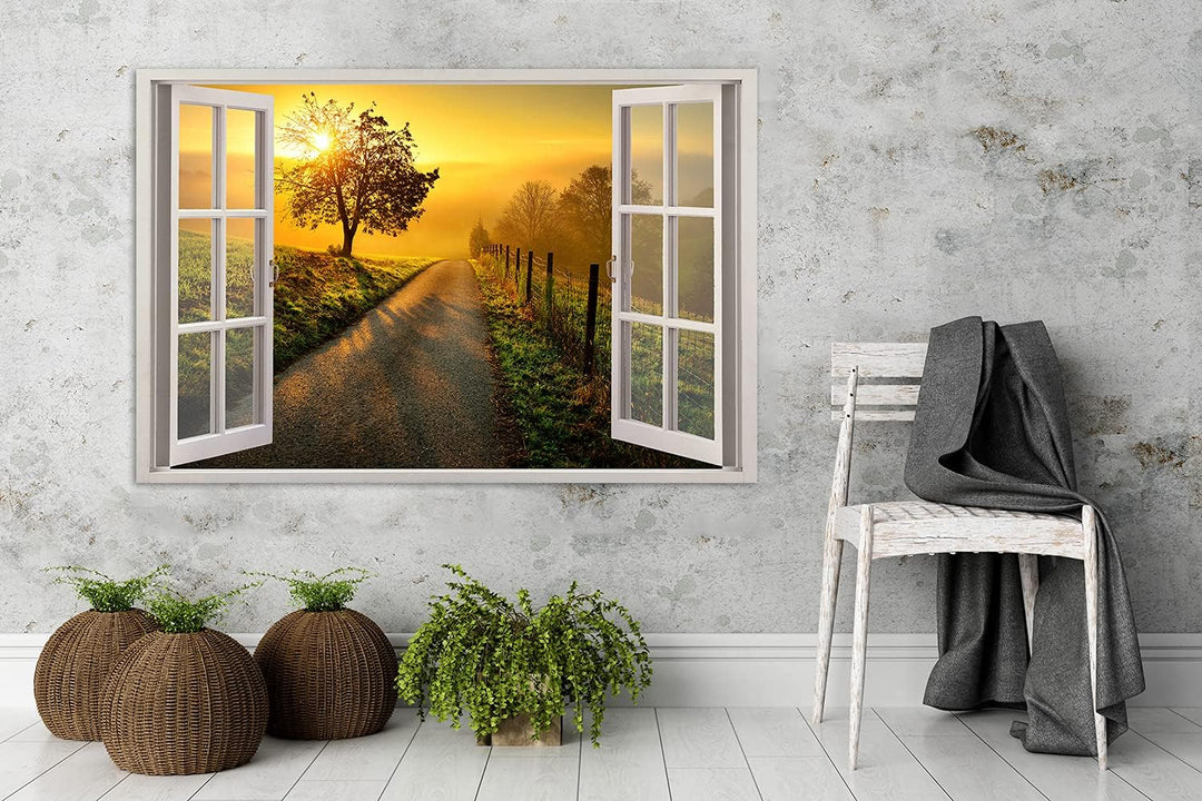 Feeby Bild auf Vlies Leinwand Fensteransicht 3D-Effekt 90x60 cm Kunstdruck Modern Wandbilder Deko Fl