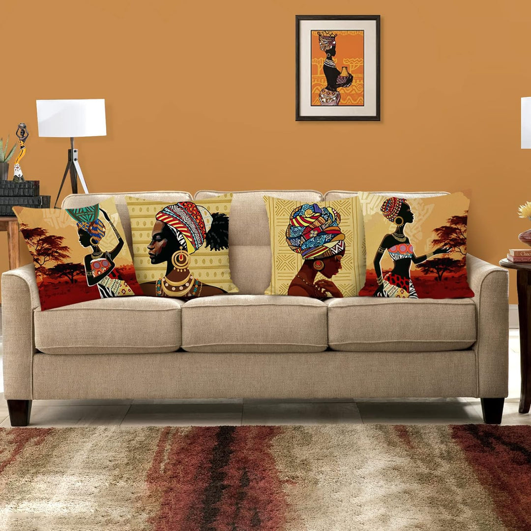Bonhause 4er Set Kissenbezüge Afrikanische Frauen 45 x 45 cm Ethnisch Stammes Polyester Leinen Dekor