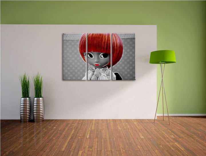 hübsche Puppe im traditionellen Kimono schwarz/weiss Spezial 3-Teiler Leinwandbild 120x80 Bild auf L