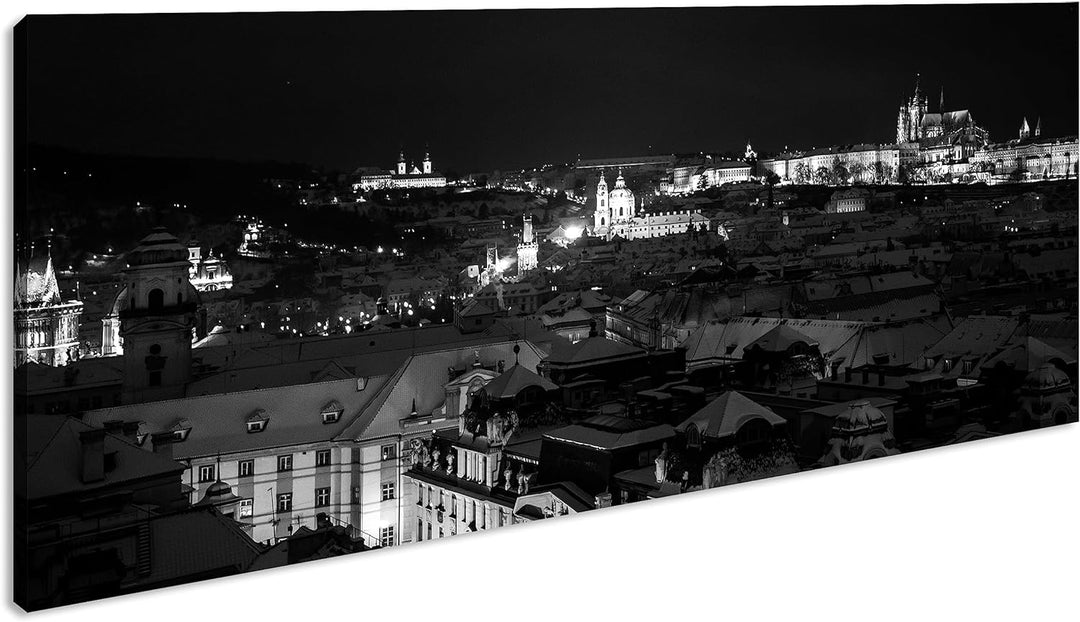 Prag bei Nacht Panorama 100x50 cm Effekt: Schwarz/Weiss als Leinwandbild, Motiv fertig gerahmt auf E
