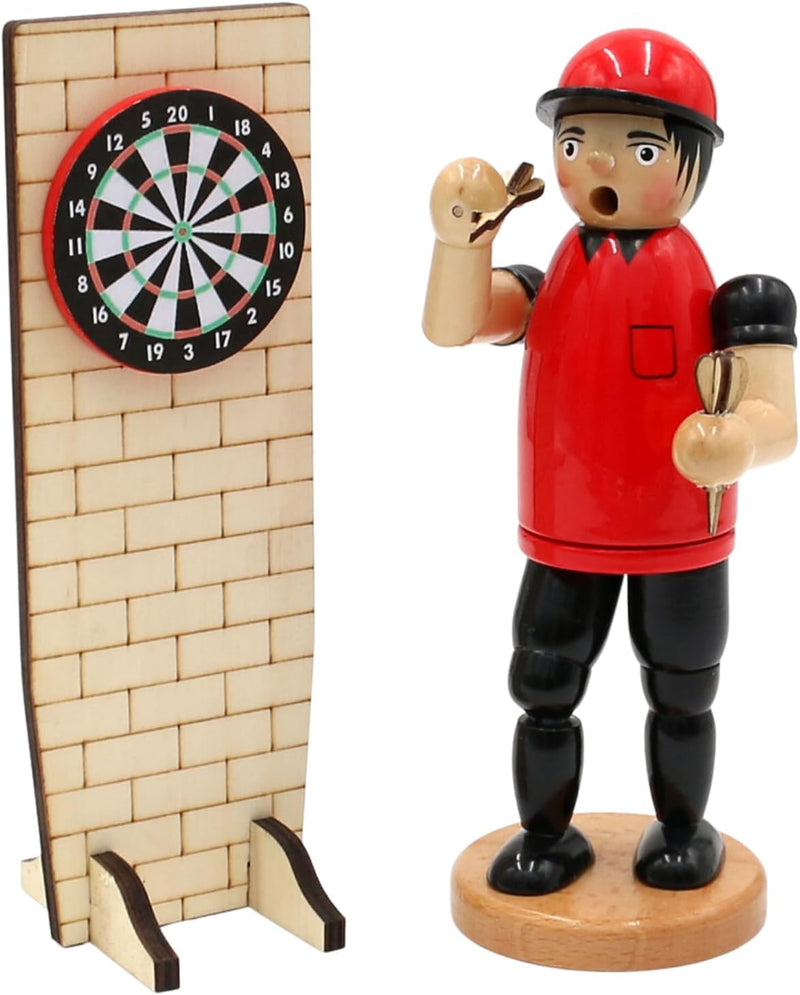 Dekohelden24 Holz Räuchermann als Dartspieler, Geschenk für Dartspieler L/B/H 15 x 8 x 21 cm.