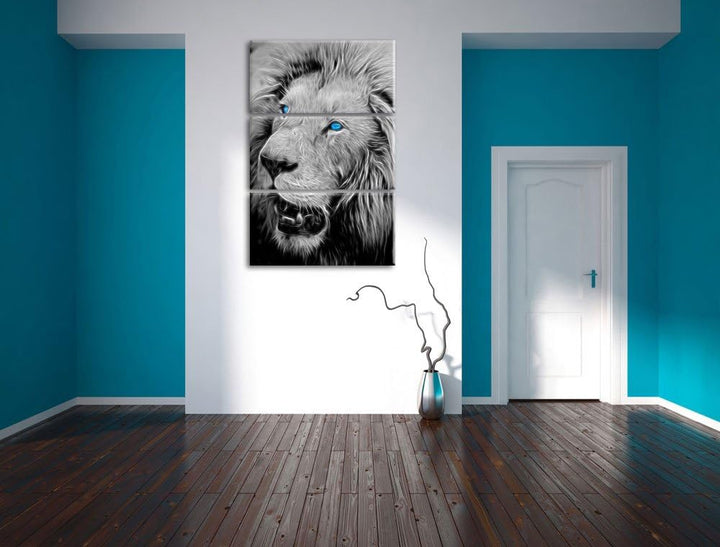 prächtiger weisser Löwe schwarz/weiss Deluxe 3-Teiler Leinwandbild 120x80 Bild auf Leinwand, XXL rie