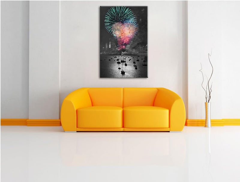 atemberaubendes Feuerwerk über Meer schwarz/weiss Format: 100x70 auf Leinwand, XXL riesige Bilder fe