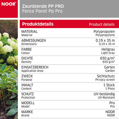 NOOR Zaunblende PP PRO 650 g/m2 Hellgrau I 0,19 x 35 m I Der ideale Sichtschutz für Ihren Doppelstab