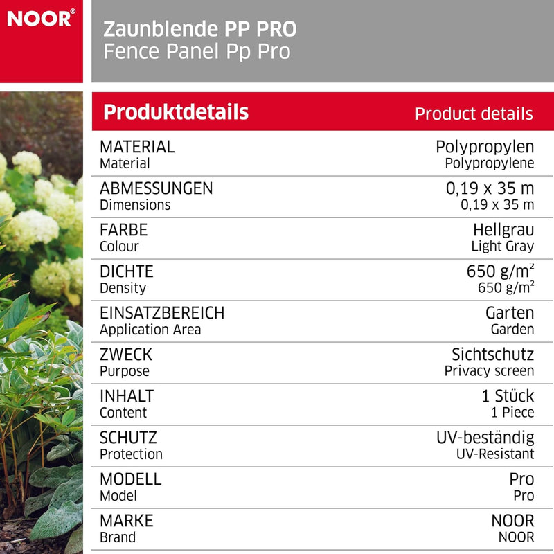 NOOR Zaunblende PP PRO 650 g/m2 Hellgrau I 0,19 x 35 m I Der ideale Sichtschutz für Ihren Doppelstab