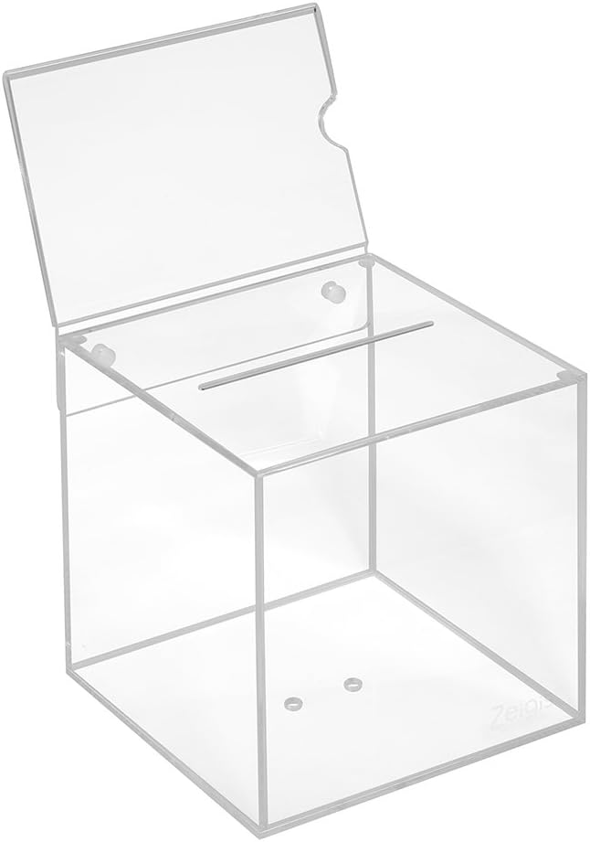 Losbox aus Acrylglas in 150x150x150mm mit Topschild DIN A6 Quer - Zeigis® / Spendenbox/Aktionsbox/Ge