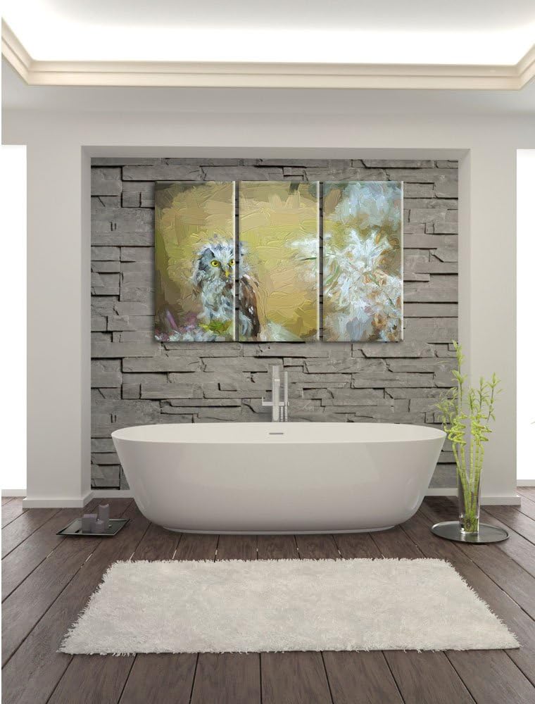 Pixxprint Kleiner Kauz auf AST / 3-Teilig/Gesamtmass 120cm Leinwandbild bespannt auf Holzrahmen/Wand