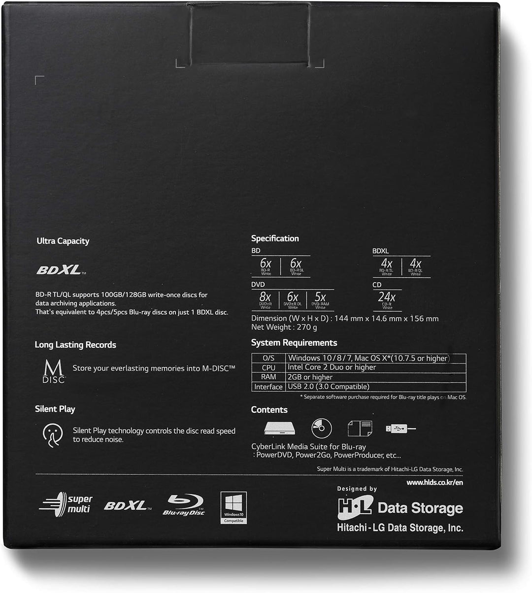 Hitachi-LG BP55 External Blu-Ray Drive, USB 2.0 Slim Portable Player/Rewriter for Laptop, Desktop PC