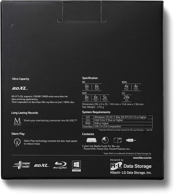 Hitachi-LG BP55 External Blu-Ray Drive, USB 2.0 Slim Portable Player/Rewriter for Laptop, Desktop PC