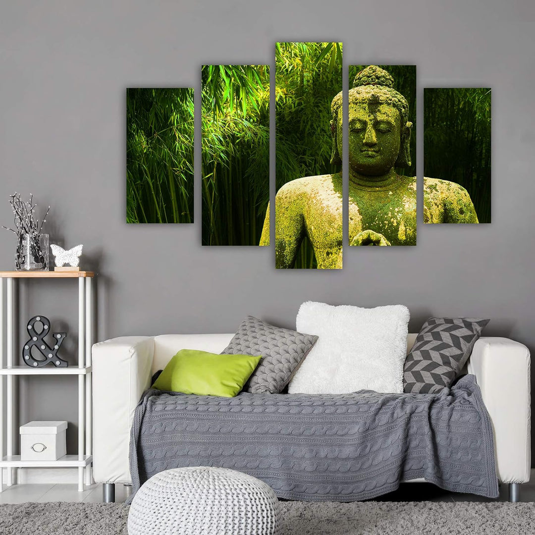 Feeby Wandbild XXL 5 tlg Buddha Deco Panel Bild Statue Natur Blätter grün 300x140 cm Deco panel 300x