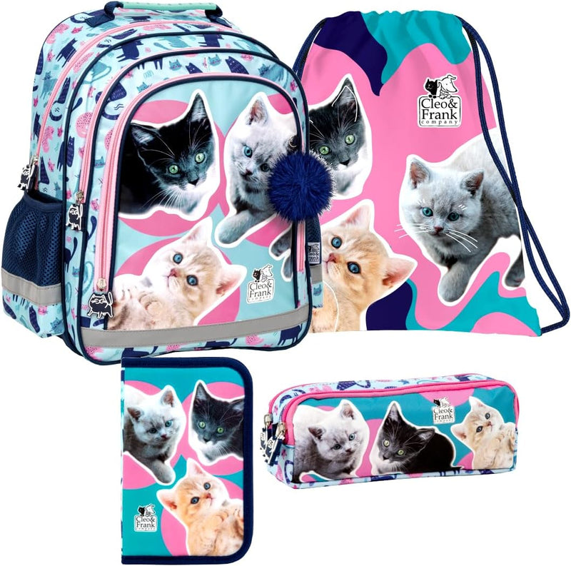 Katze Cats 4 Teile Set SCHULRUCKSACK RUCKSACK TASCHE Schultasche Federmappe mit Sticker-von-Kids4sho