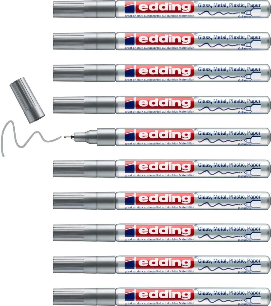 edding 780 Glanzlackmarker - silber - 10 Lackmarker - extra-feine Rundspitze 0,8 mm - Lackstift für