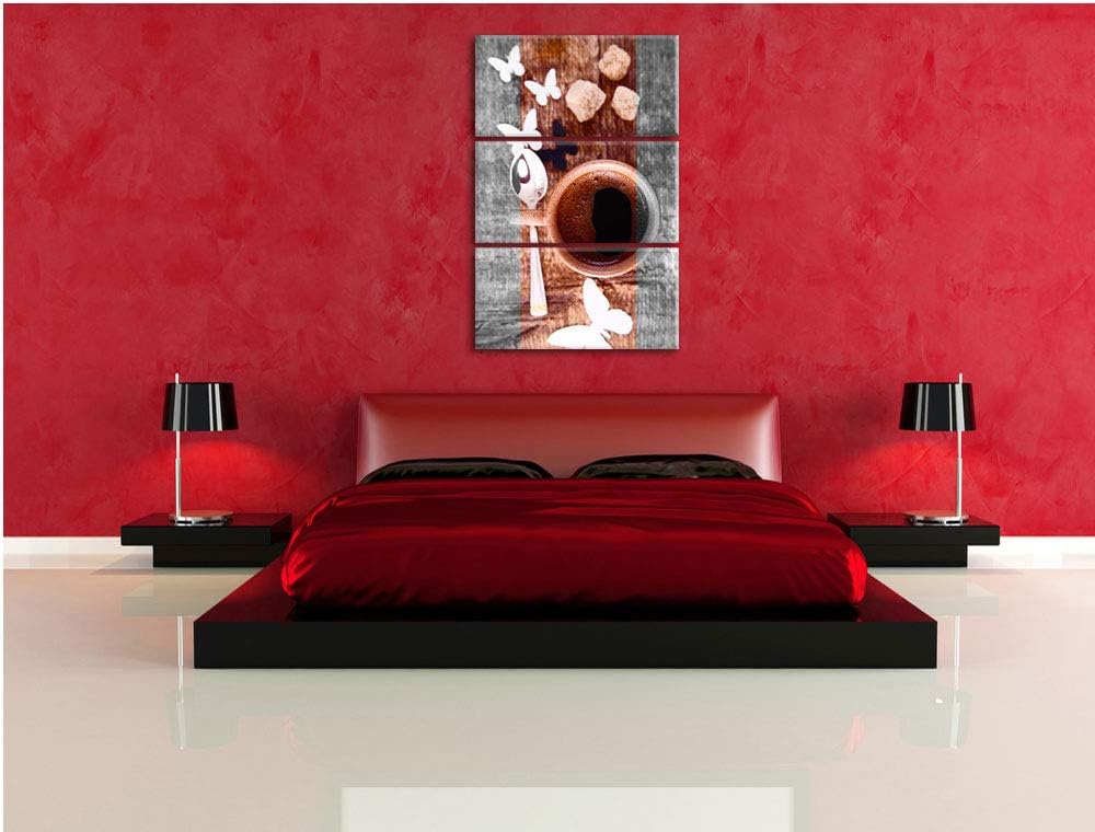 schmackhafter Kaffee mit Schmetterlingsdeko schwarz/weiss 3-Teiler Leinwandbild 120x80 Bild auf Lein