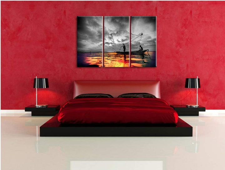 Angler angeln mit grossem Fangnetz auf See schwarz/weiss 3-Teiler Leinwandbild 120x80 Bild auf Leinw