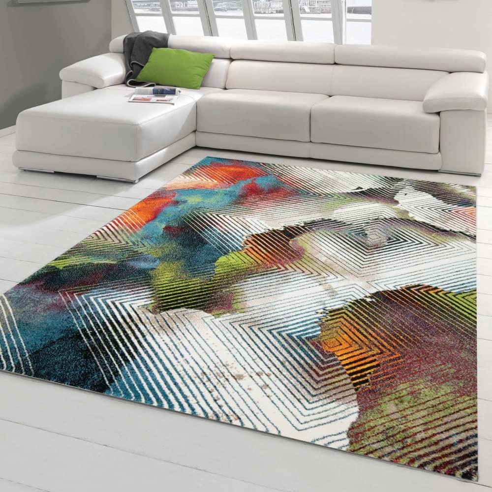 Modern-Abstrakter Gästezimmer Teppich in bunten Farben | strapazierfähig | orange rot grün, Grösse 2