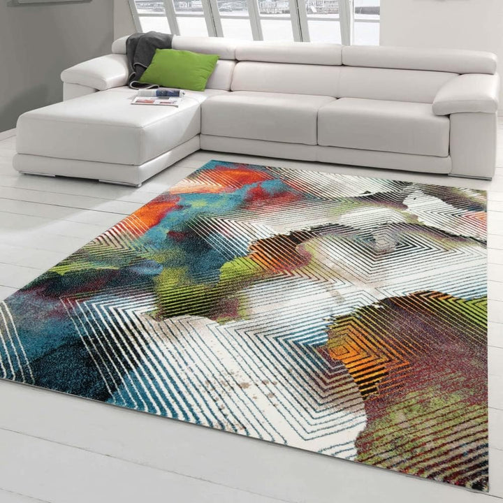 Modern-Abstrakter Gästezimmer Teppich in bunten Farben | strapazierfähig | orange rot grün, Grösse 2