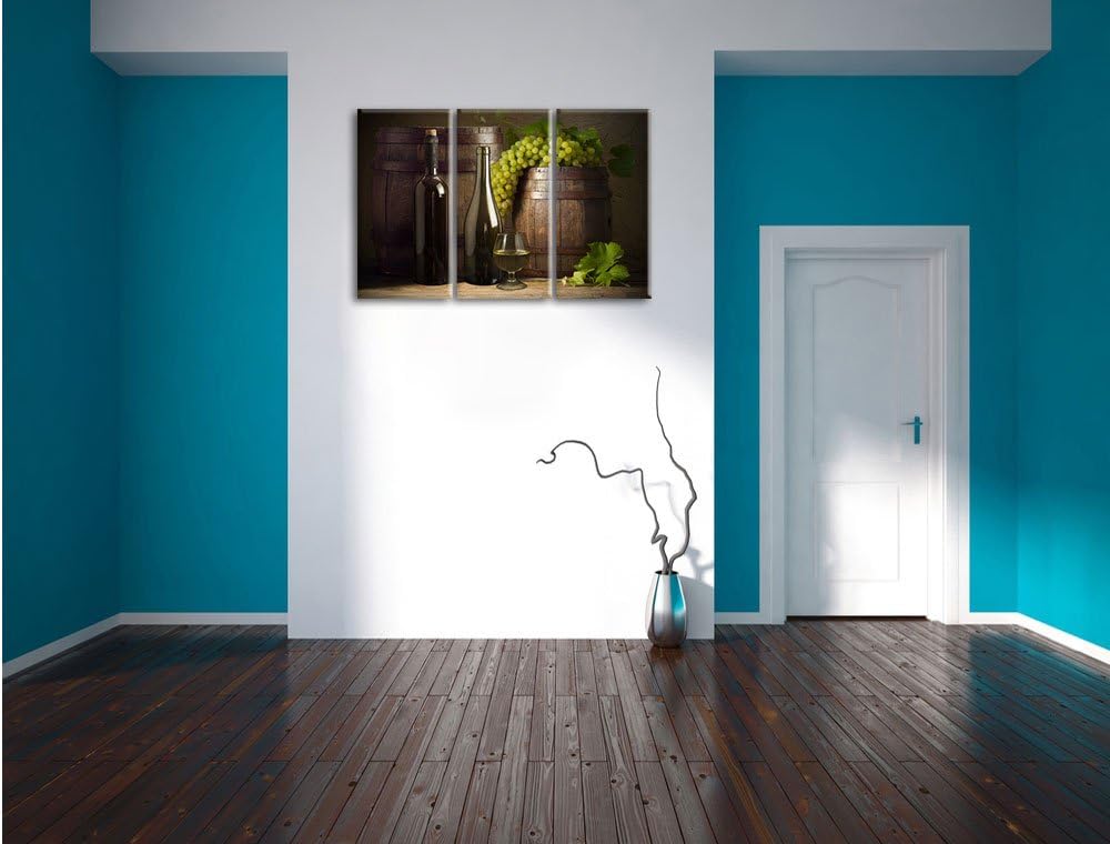Pixxprint Fässer mit Weintrauben und Wein als Leinwandbild | Grösse: 3 Teilig (120x80) | Wandbild| K