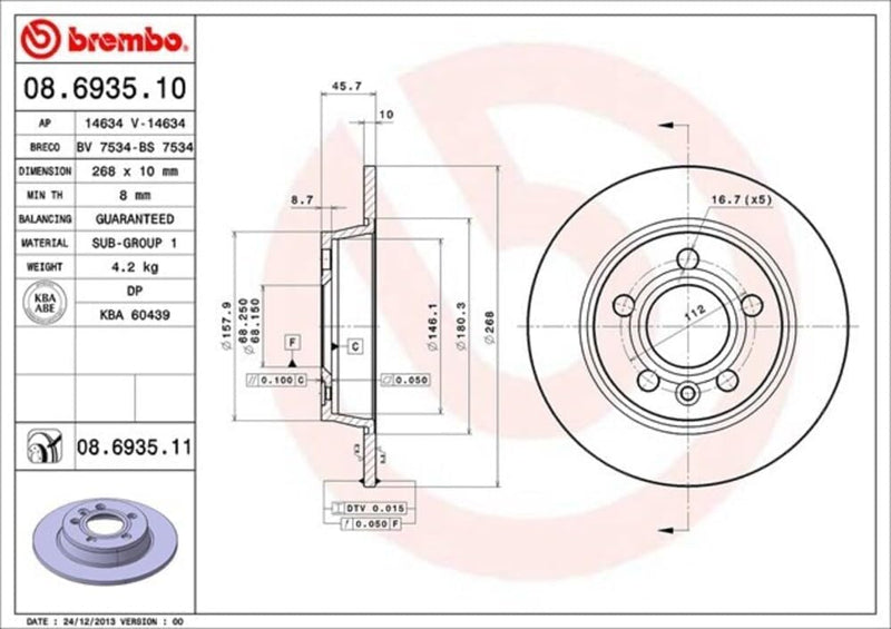 Brembo 08.6935.11 Hintere Bremsscheibe, Anzahl 2