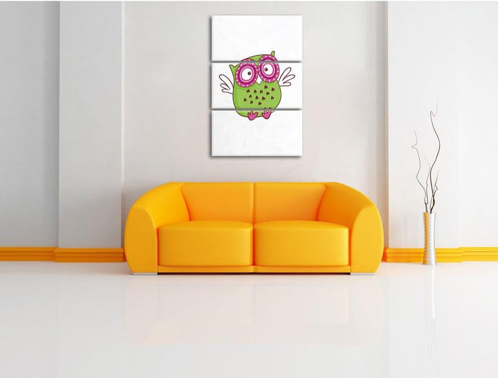 Pixxprint Lustige grüne Eule fliegend als Leinwandbild/Grösse: 3 Teilig (120x80) cm/Wandbild/Kunstdr