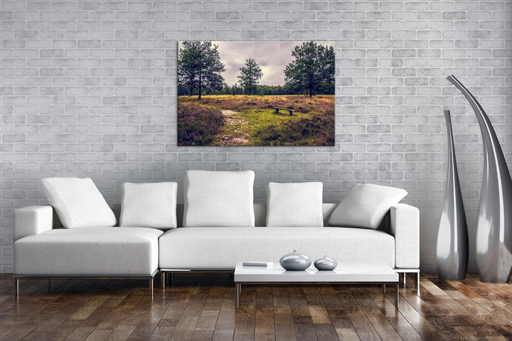 deyoli einsame Bank im Wald Format: 80x60 als Leinwand, Motiv fertig gerahmt auf Echtholzrahmen, Hoc