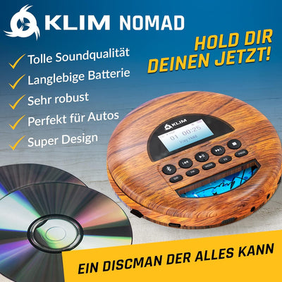 KLIM Nomad Wood - NEU 2023 - Tragbarer CD-Player Discman - langlebigem Akku - Inklusive KLIM Fusion