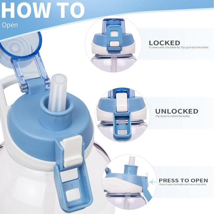 Seekua 2l Sport Trinkflasche Glas Flasche mit Strohhalm & Zeitmarkierung auslaufsicher bpa frei 2 li