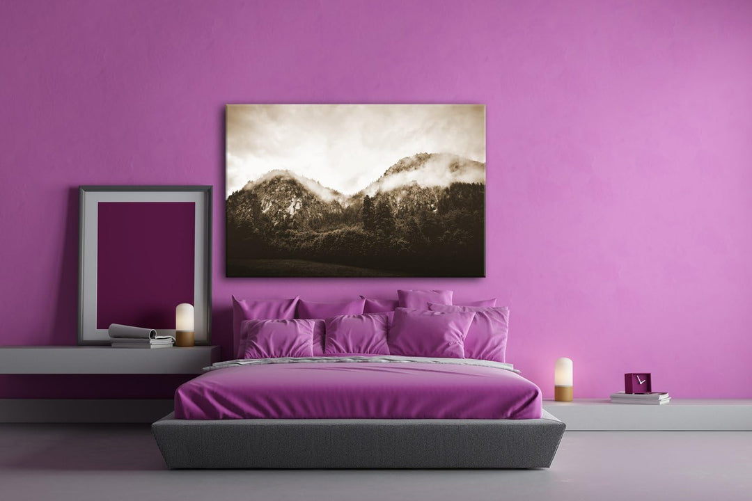deyoli Nebel bedeckte Berge Format: 80x60 Effekt: Sepia als Leinwand, Motiv fertig gerahmt auf Echth