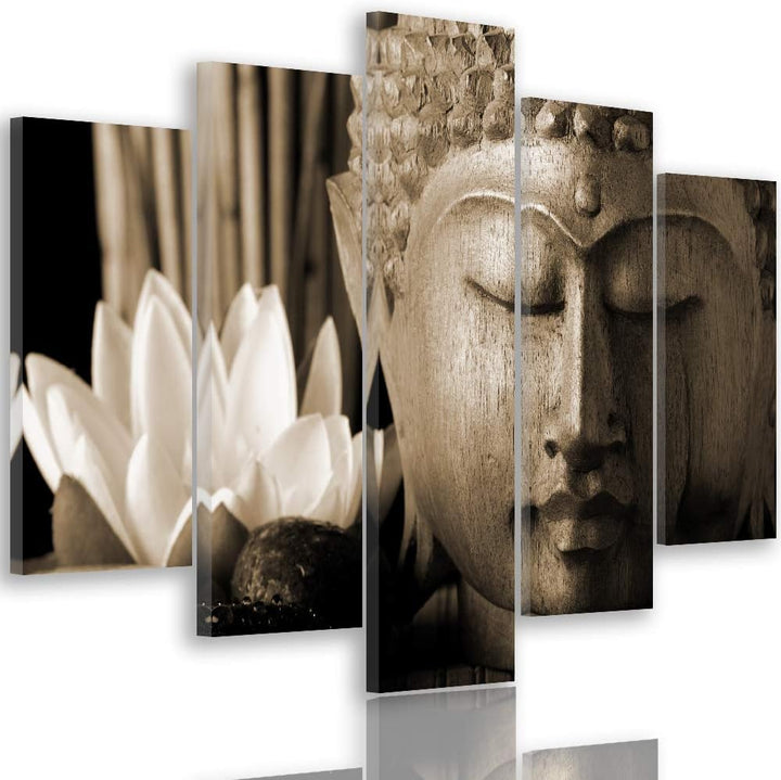 Feeby Wanddeko XXL Buddha Leinwandbild 5 Teilig Blume Lilie Skulptur Zen Sepia 100x70 cm Leinwandbil