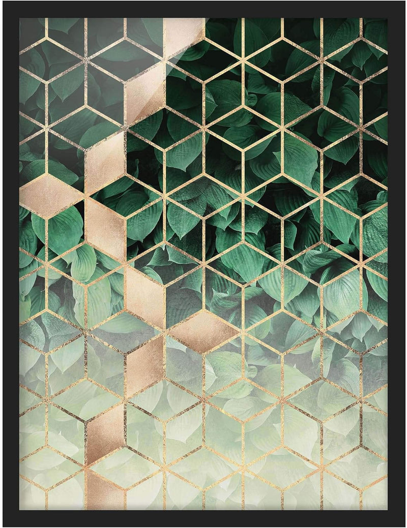 Bild gerahmt Grüne Blätter goldene Geometrie Schwarz ohne Passepartout 55x40cm 55cm x 40cm Schwarz -