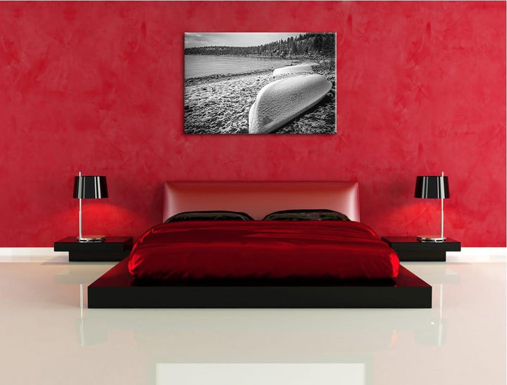 Boote im Winter am See schwarz/weiss Format: 100x70 auf Leinwand, XXL riesige Bilder fertig gerahmt