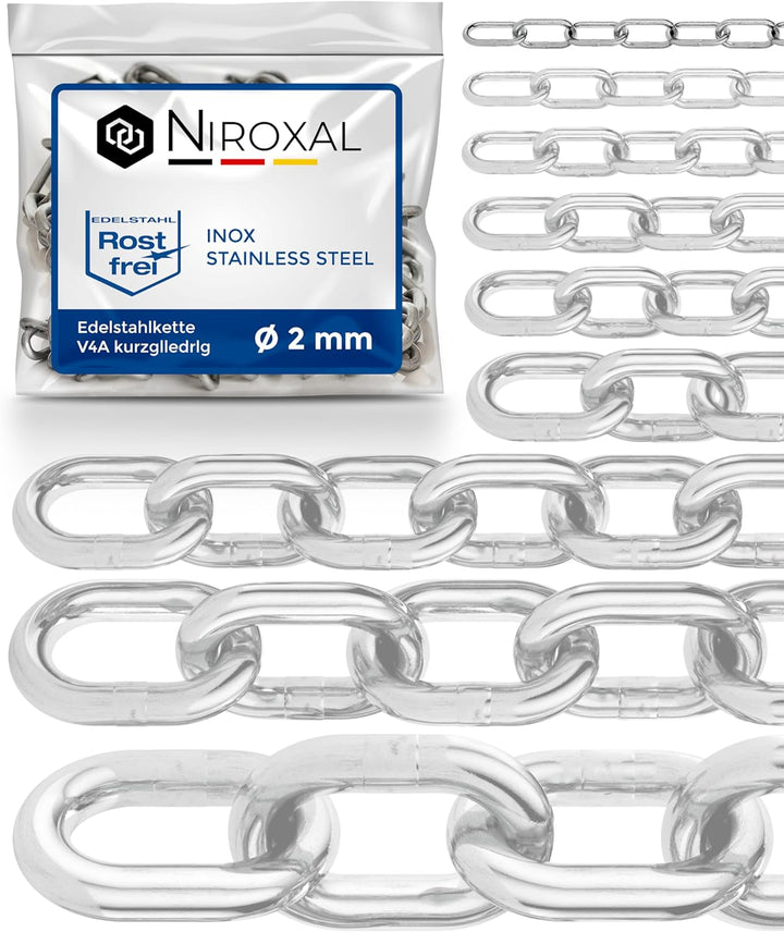 25 meter 2mm starke Schaukel Ketten Meterware V4A Eisenkette kurzgliedrig am Stück Absperrkette A4 D