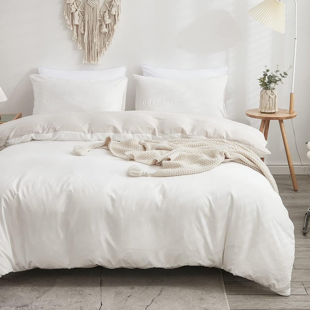 Freyamy Wendbar Bettwäsche 135x200cm 2teilig Weiss Beige Unifarben Uni Wendebettwäsche Gewaschene Mi