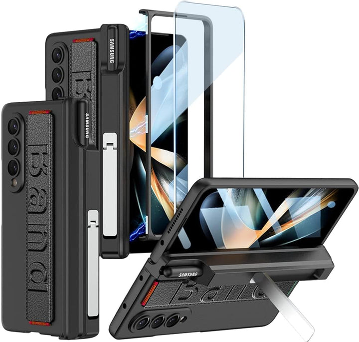 Hülle für Samsung Galaxy Z Fold 4 Magnetscharnierschutz mit Armband und S-Pen-Halter, Luxus-PC Stoss