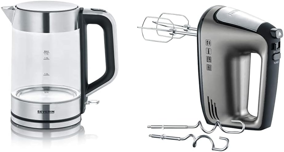 SEVERIN 3420-000 WK 3420 Wasserkocher, 2200, 1.7 liters, Glas-Edelstahl-gebürstet/schwarz & Handmixe