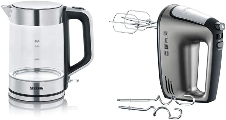 SEVERIN 3420-000 WK 3420 Wasserkocher, 2200, 1.7 liters, Glas-Edelstahl-gebürstet/schwarz & Handmixe