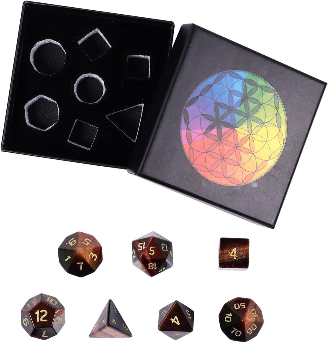 KYEYGWO Rotes Tigerauge Kristall Polyedrische Würfel Set, 7pcs Reiki Heilung Stein Polyedrischer Spi