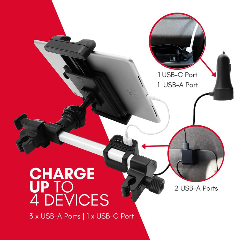 Macally Auto-Kopfstützen Tablet-Halterung mit USB-Lade-Hub & Zigarettenanzünder-Adapter – lädt 4 Ger